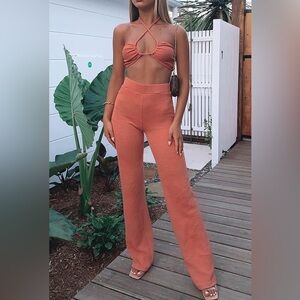 NWT White Fox Matching High-Rise Wide-Leg Knit Pants and Crop Top Set